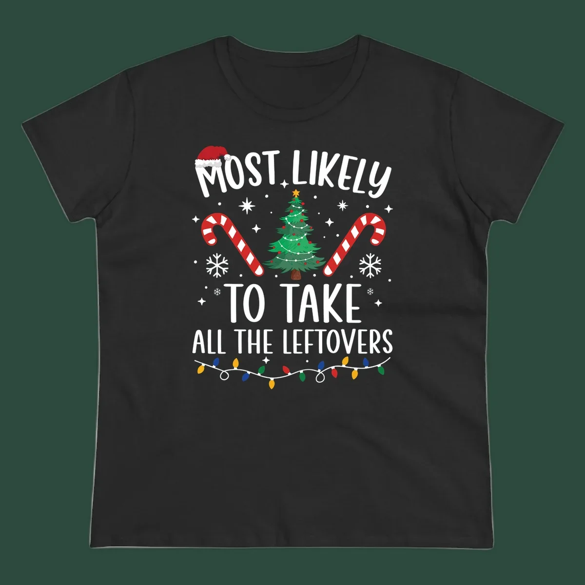 Most Likely To Take All The Leftovers funny Christmas text and graphic design.