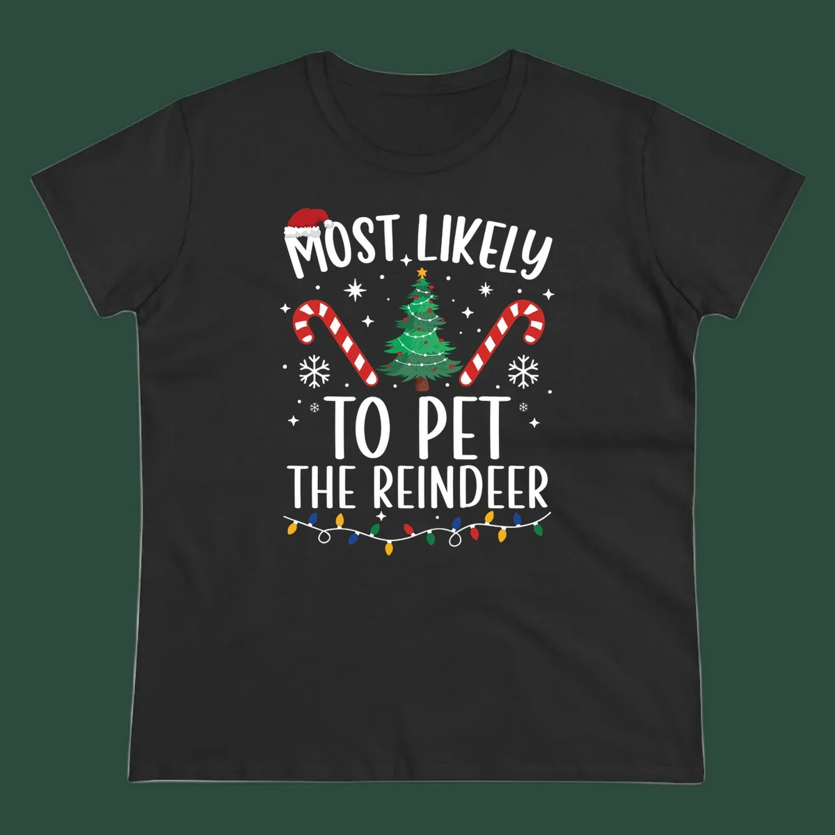 Most Likely To Pet The Reindeer Christmas design with text, Santa hat, tree, candy canes, and lights.