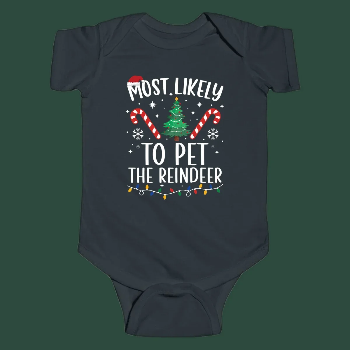 Most Likely To Pet The Reindeer Christmas design with text, Santa hat, tree, candy canes, and lights.
