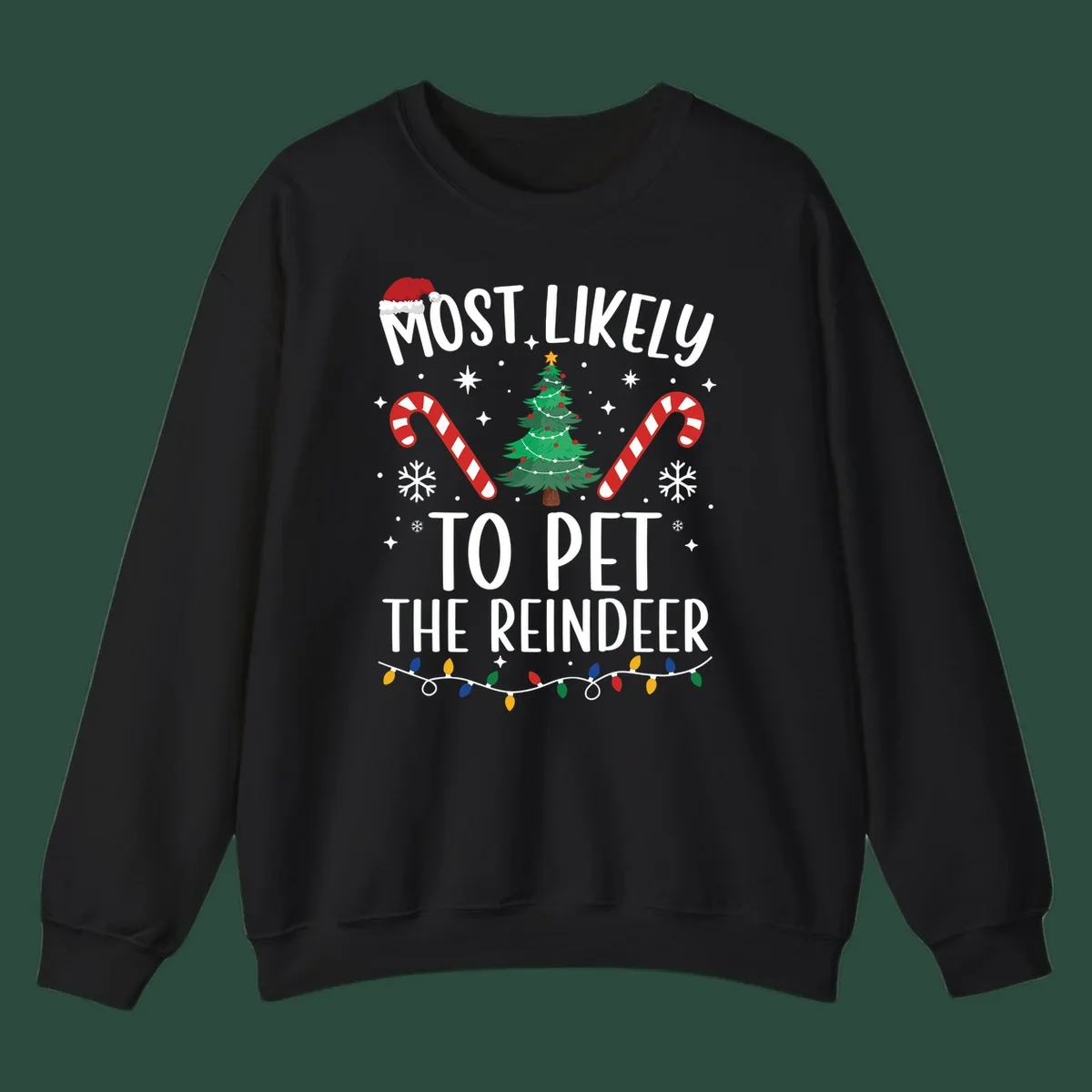 Most Likely To Pet The Reindeer Christmas design with text, Santa hat, tree, candy canes, and lights.