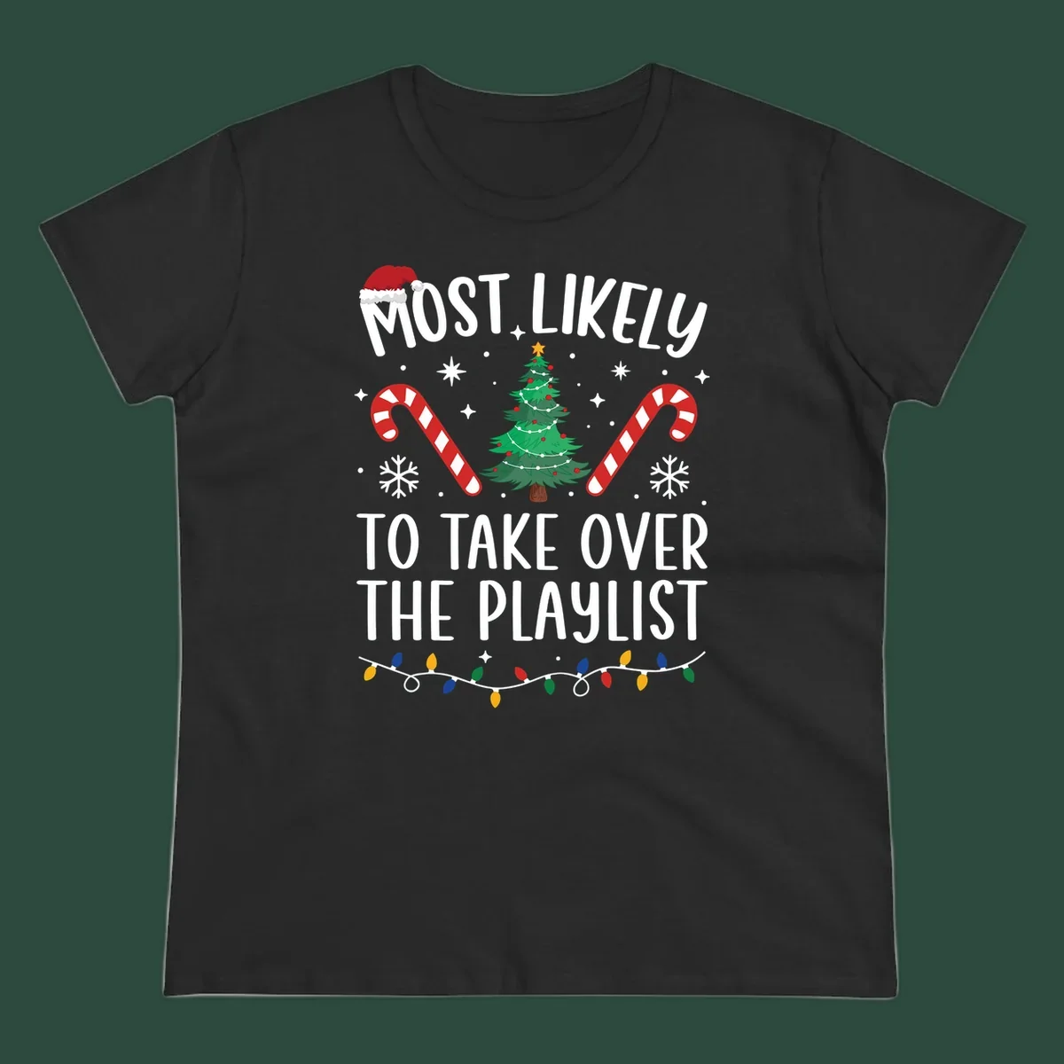 Christmas design with text 'Most Likely To Take Over Playlist', featuring a Santa hat, tree, candy canes, and lights.