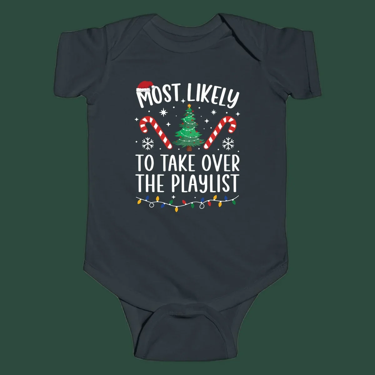 Christmas design with text 'Most Likely To Take Over Playlist', featuring a Santa hat, tree, candy canes, and lights.