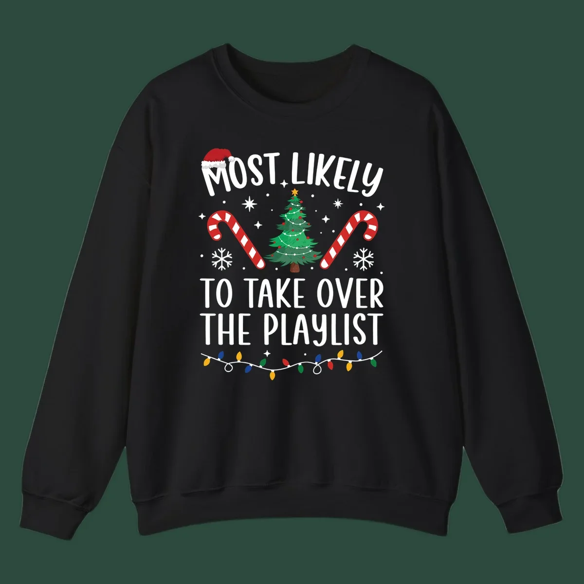 Christmas design with text 'Most Likely To Take Over Playlist', featuring a Santa hat, tree, candy canes, and lights.