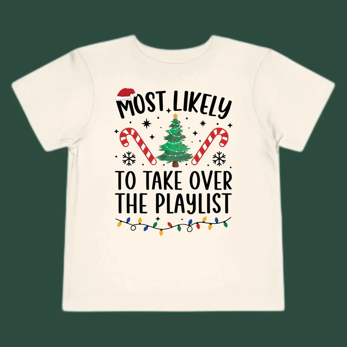Christmas design with text 'Most Likely To Take Over Playlist', featuring a Santa hat, tree, candy canes, and lights.