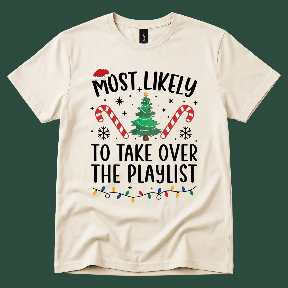Christmas design with text 'Most Likely To Take Over Playlist', featuring a Santa hat, tree, candy canes, and lights.