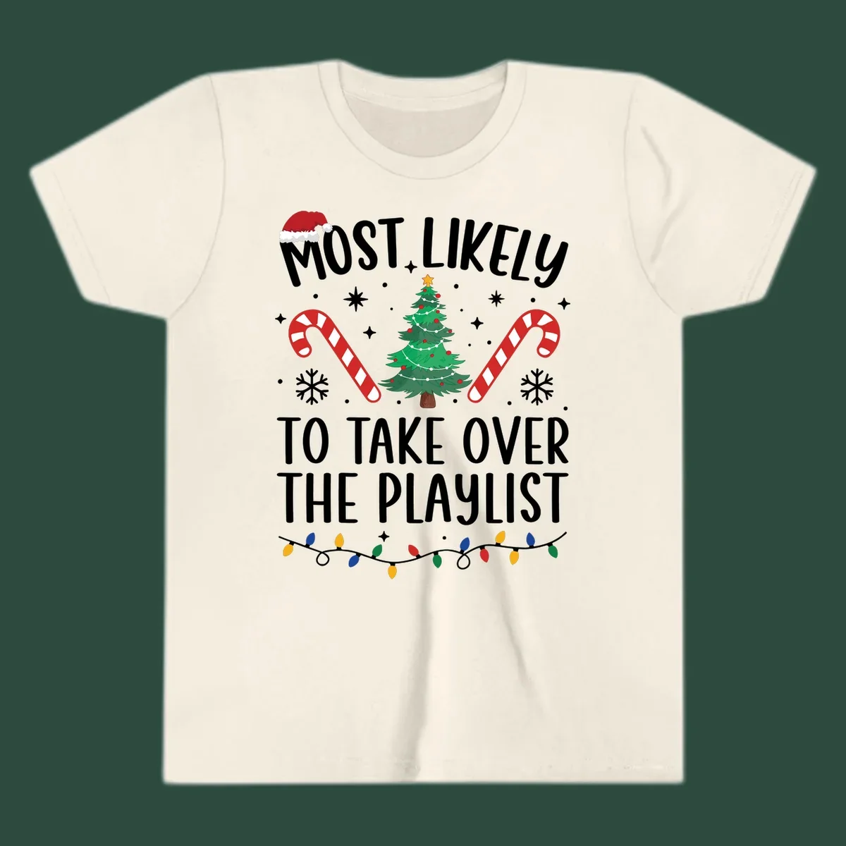 Christmas design with text 'Most Likely To Take Over Playlist', featuring a Santa hat, tree, candy canes, and lights.