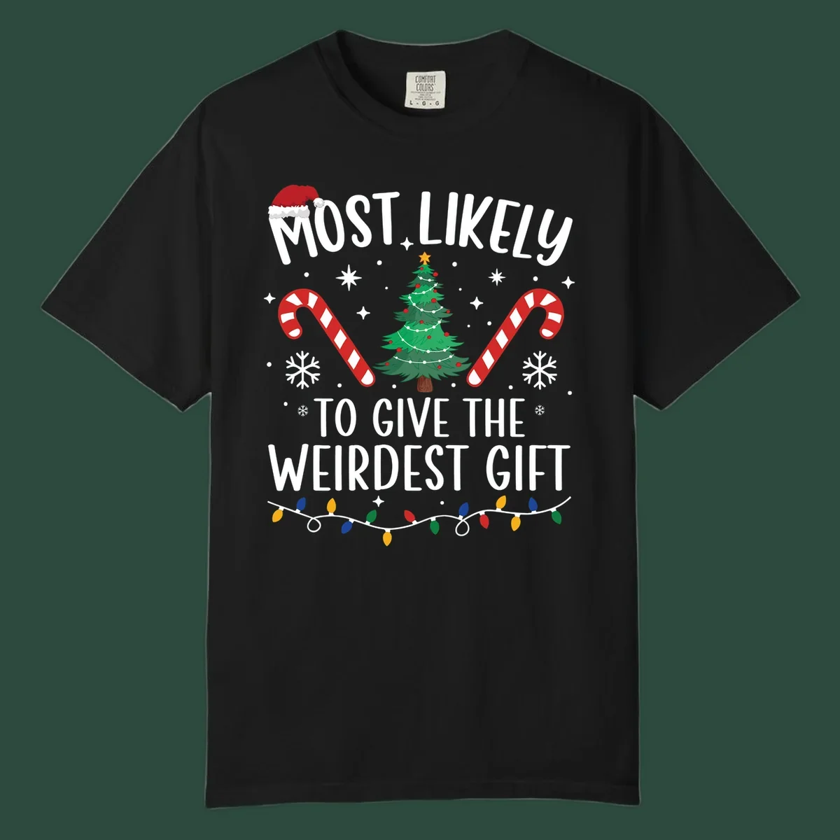 Most likely to give the weirdest gift Christmas design with text, Santa hat, tree, candy canes, and lights.