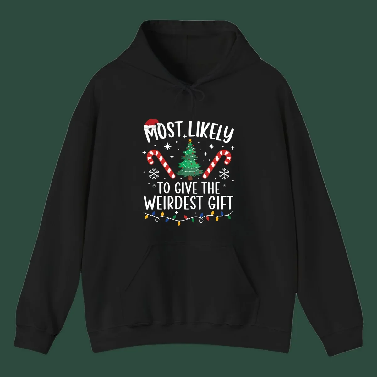 Most likely to give the weirdest gift Christmas design with text, Santa hat, tree, candy canes, and lights.