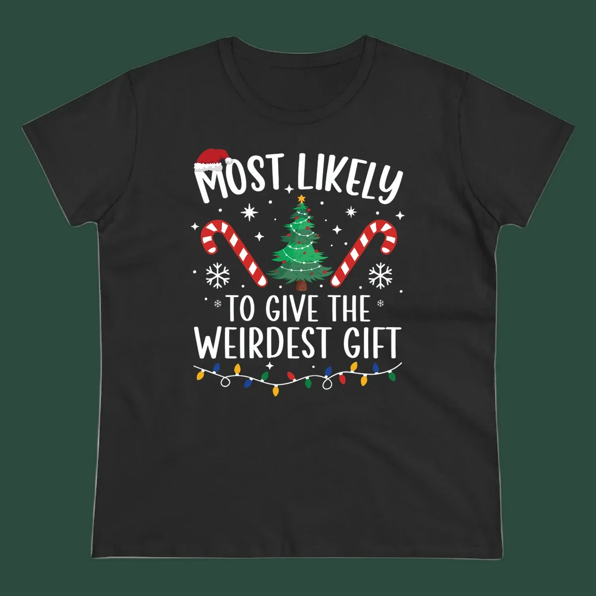 Most likely to give the weirdest gift Christmas design with text, Santa hat, tree, candy canes, and lights.