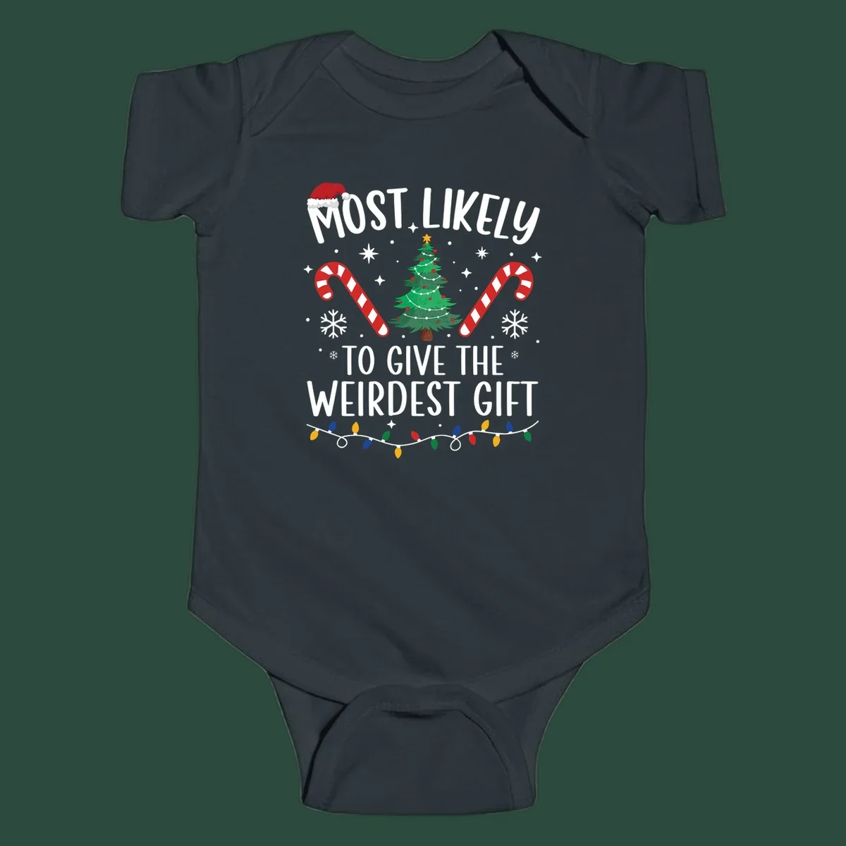 Most likely to give the weirdest gift Christmas design with text, Santa hat, tree, candy canes, and lights.