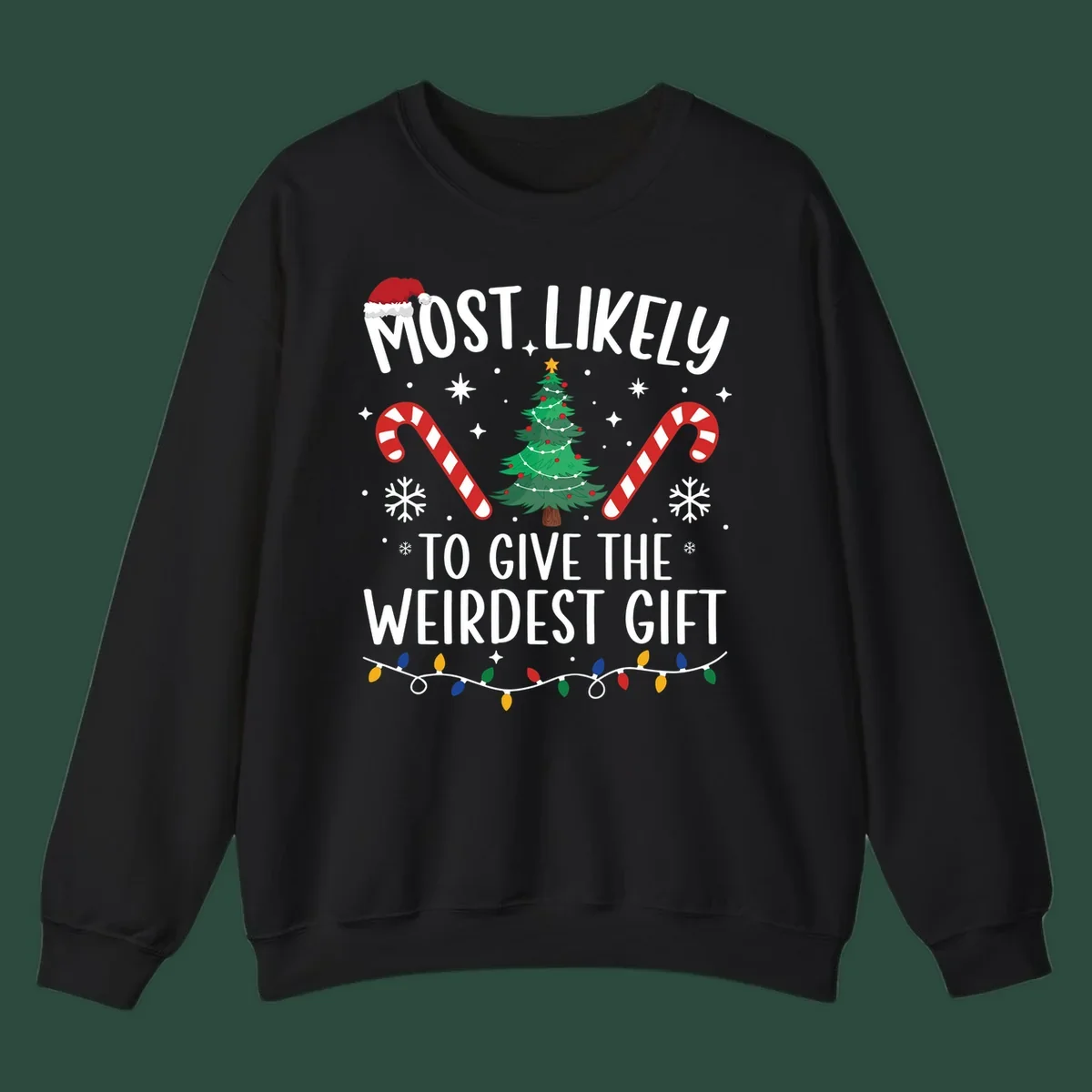 Most likely to give the weirdest gift Christmas design with text, Santa hat, tree, candy canes, and lights.