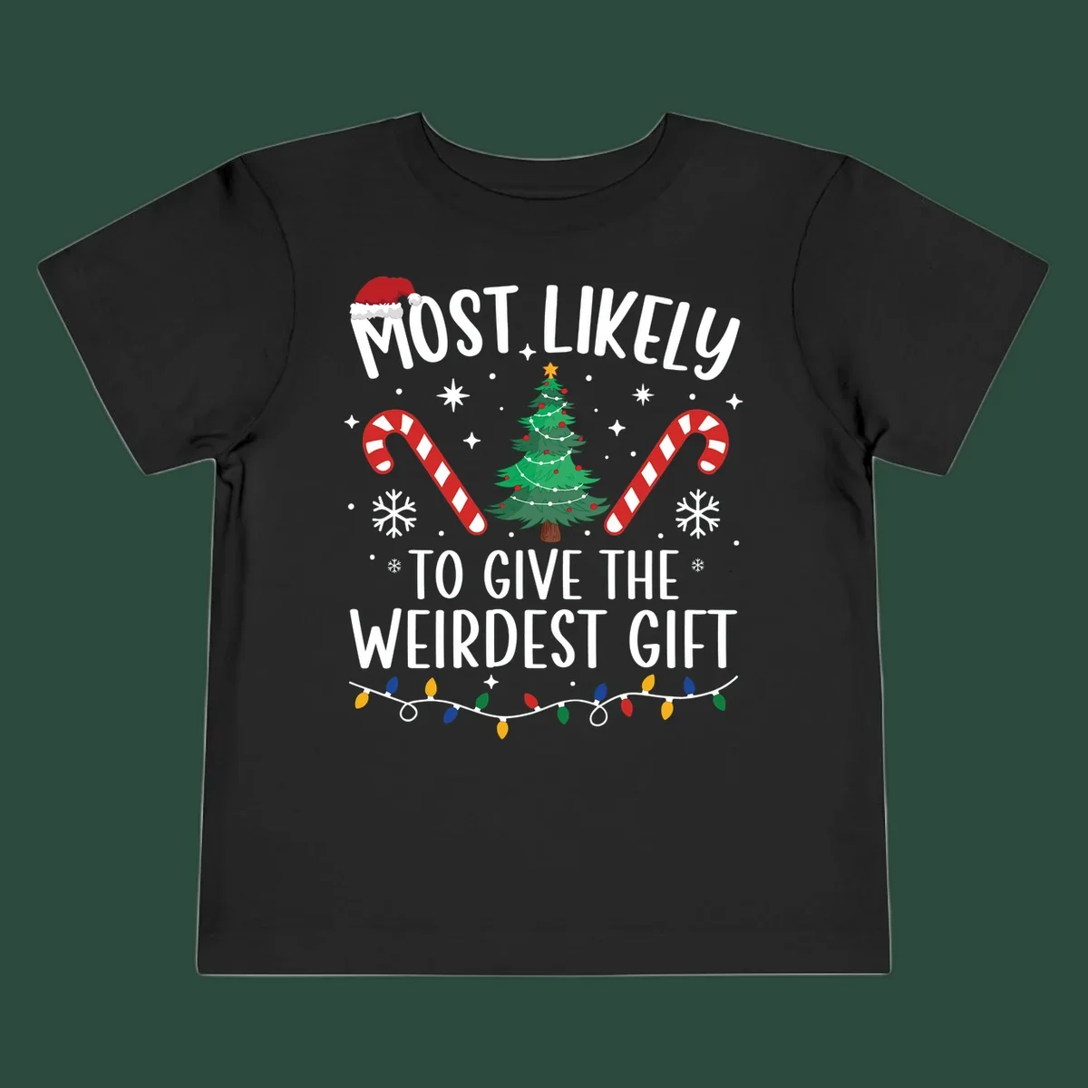 Most likely to give the weirdest gift Christmas design with text, Santa hat, tree, candy canes, and lights.