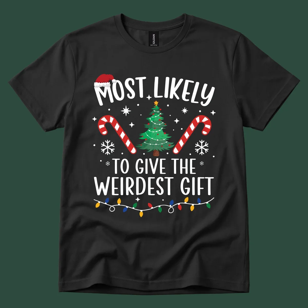 Most likely to give the weirdest gift Christmas design with text, Santa hat, tree, candy canes, and lights.