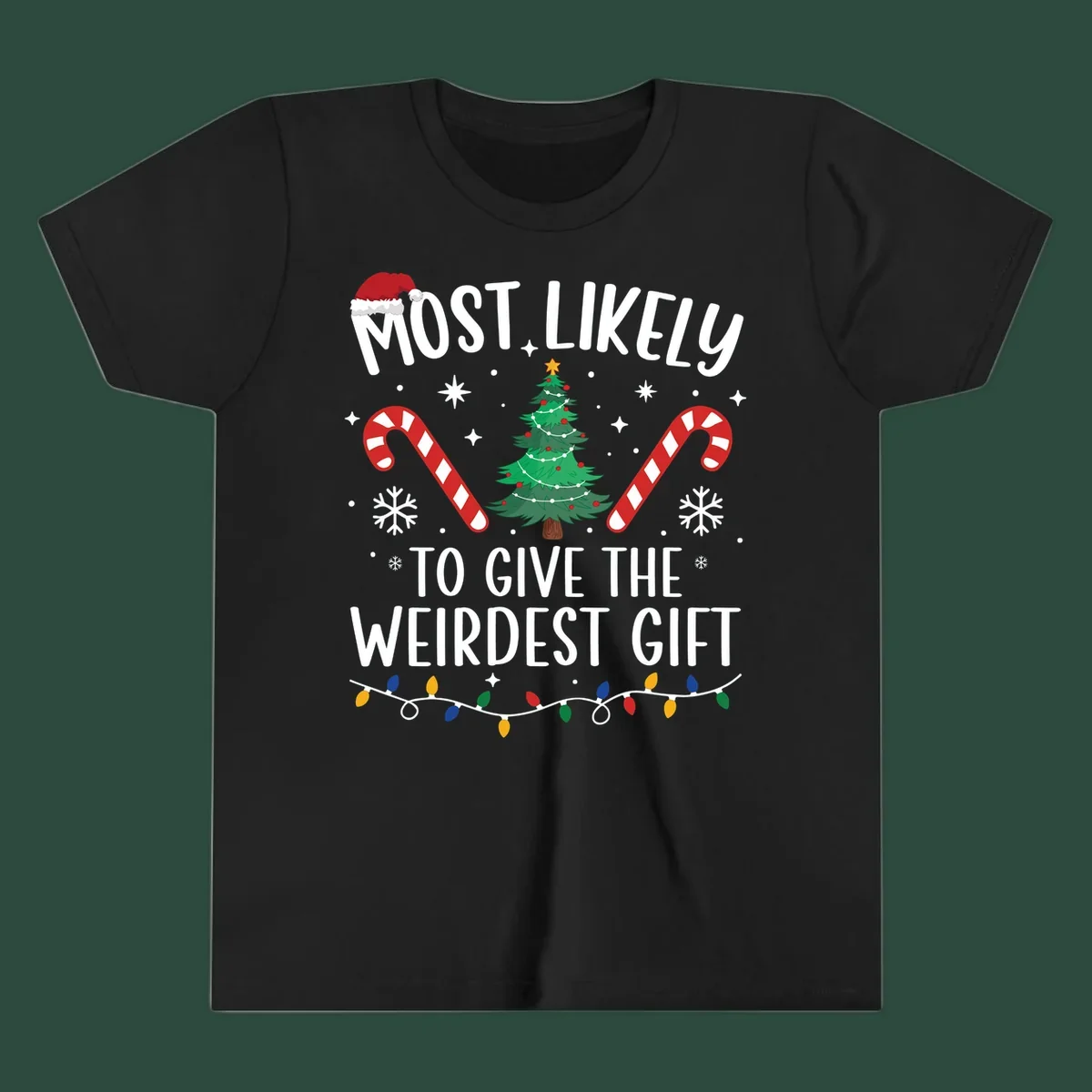 Most likely to give the weirdest gift Christmas design with text, Santa hat, tree, candy canes, and lights.