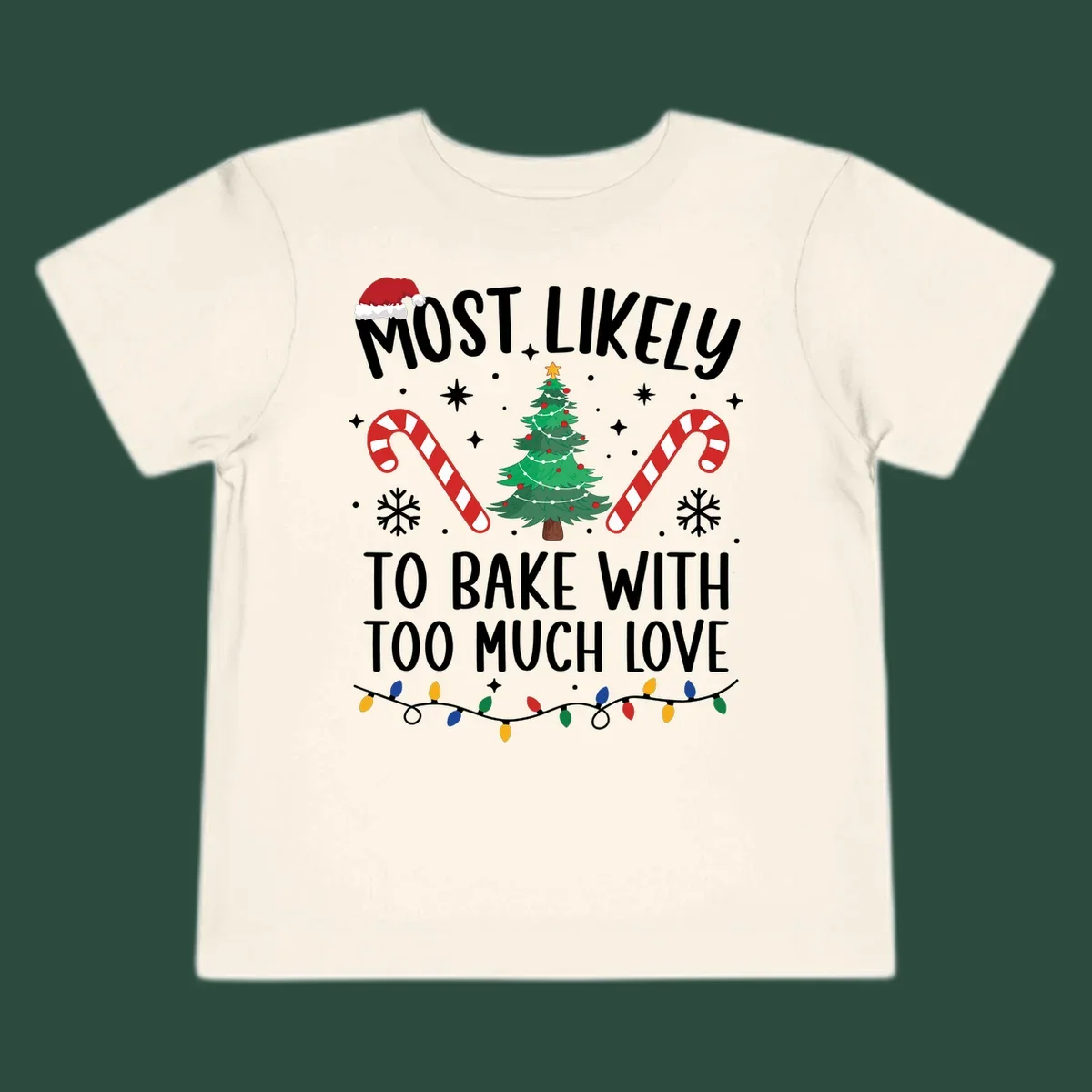 Most Likely To Bake With Too Much Love Christmas design with tree, candy canes, and Santa hat.