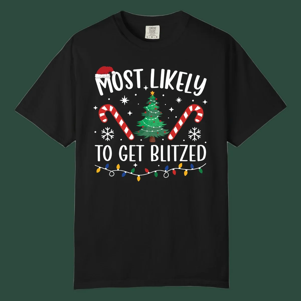 Most likely to get blitzed Christmas drinking text with tree, candy canes, and lights.