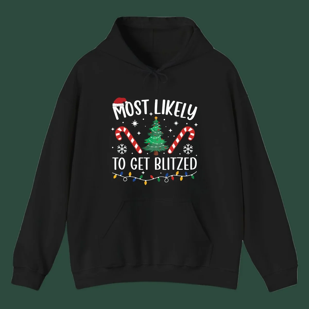 Most likely to get blitzed Christmas drinking text with tree, candy canes, and lights.
