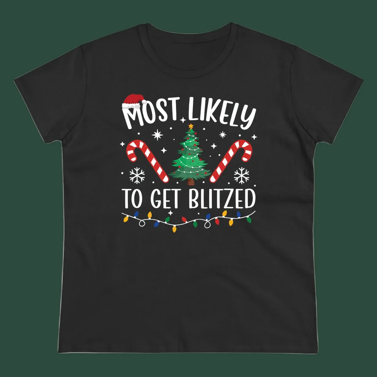 Most likely to get blitzed Christmas drinking text with tree, candy canes, and lights.