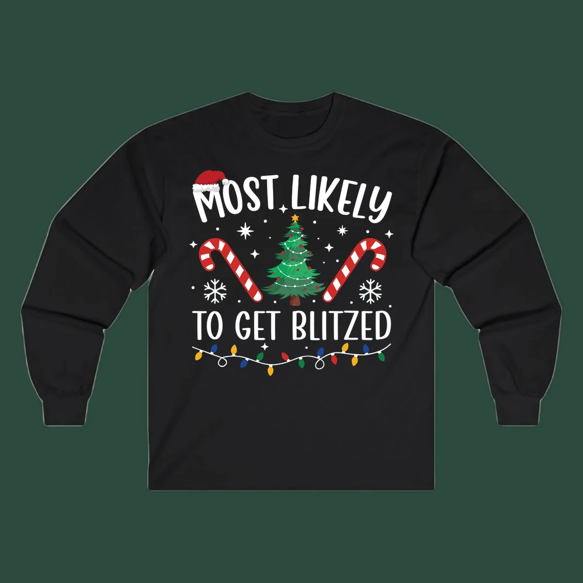 Most likely to get blitzed Christmas drinking text with tree, candy canes, and lights.