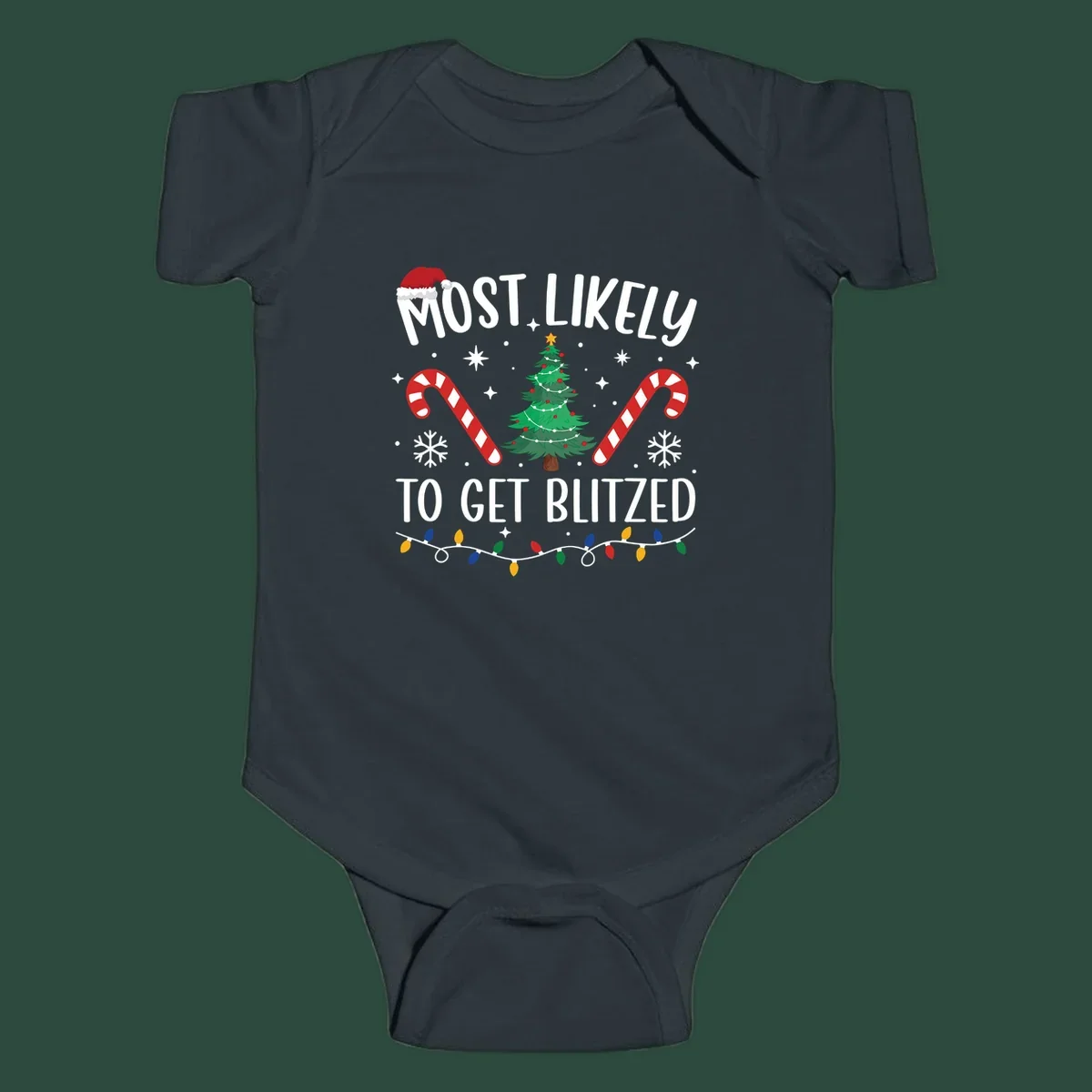 Most likely to get blitzed Christmas drinking text with tree, candy canes, and lights.