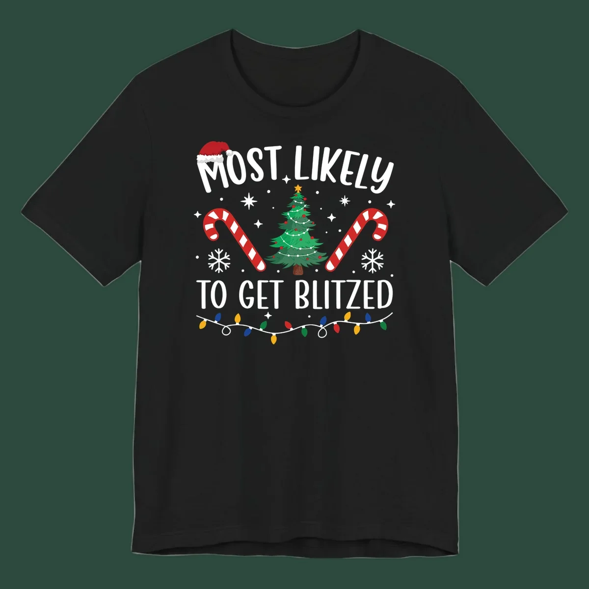 Most likely to get blitzed Christmas drinking text with tree, candy canes, and lights.