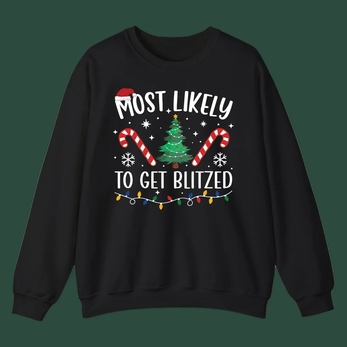 Most likely to get blitzed Christmas drinking text with tree, candy canes, and lights.