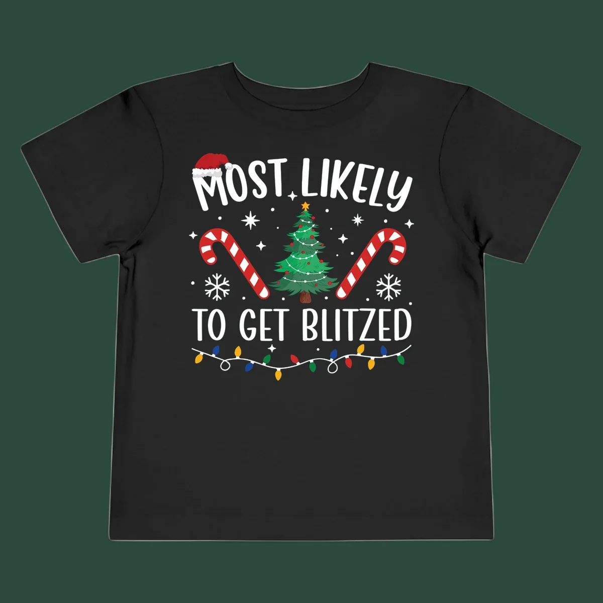 Most likely to get blitzed Christmas drinking text with tree, candy canes, and lights.