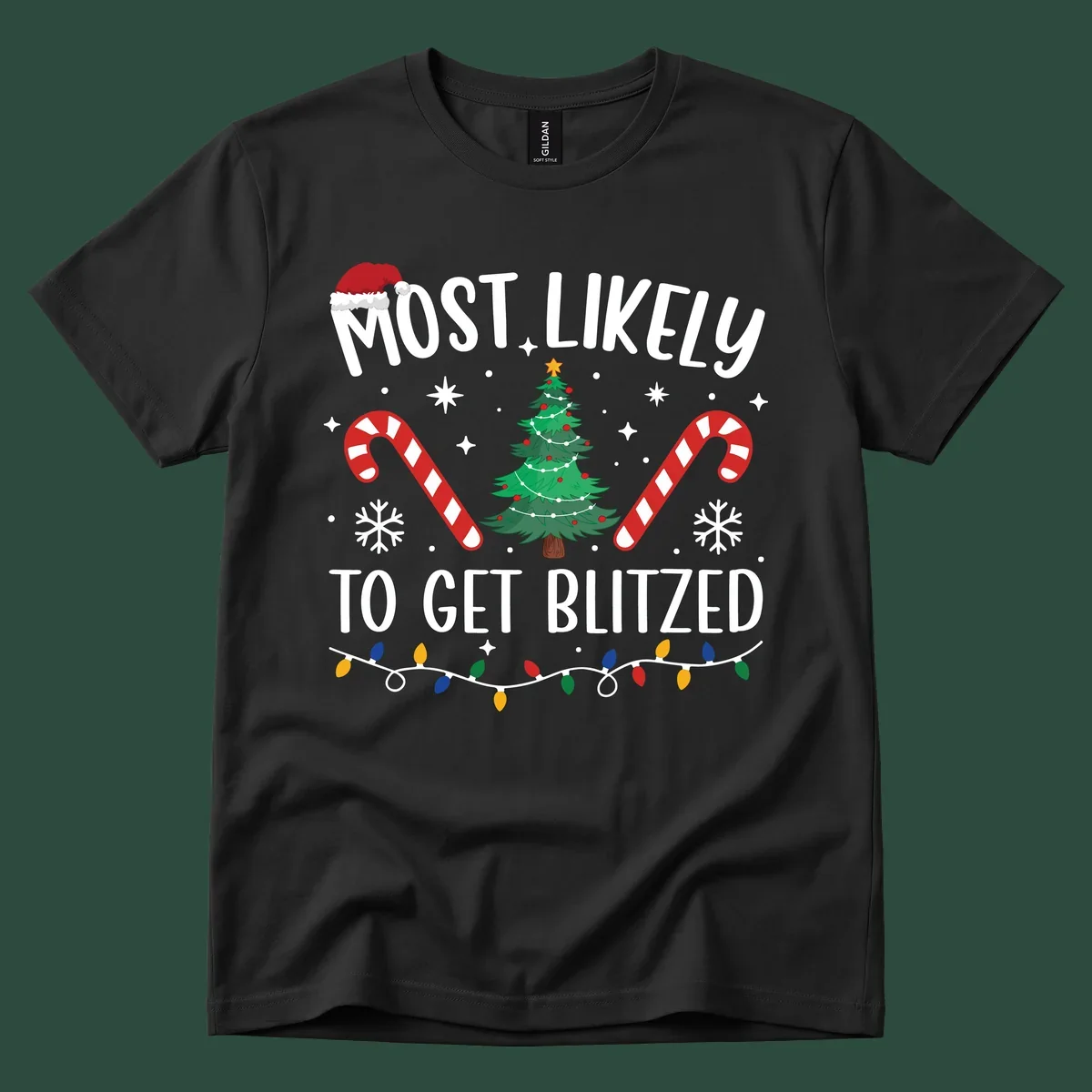 Most likely to get blitzed Christmas drinking text with tree, candy canes, and lights.