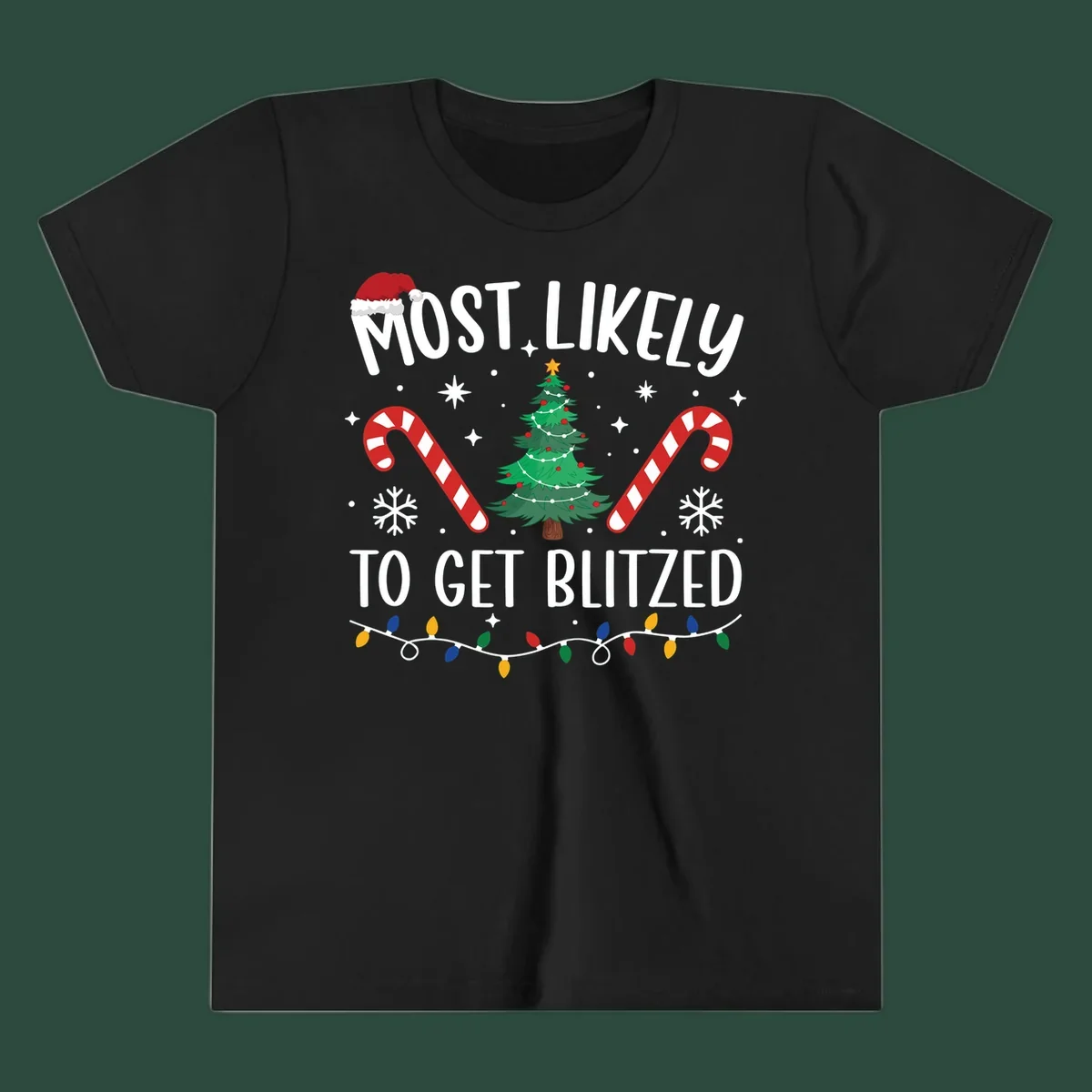 Most likely to get blitzed Christmas drinking text with tree, candy canes, and lights.