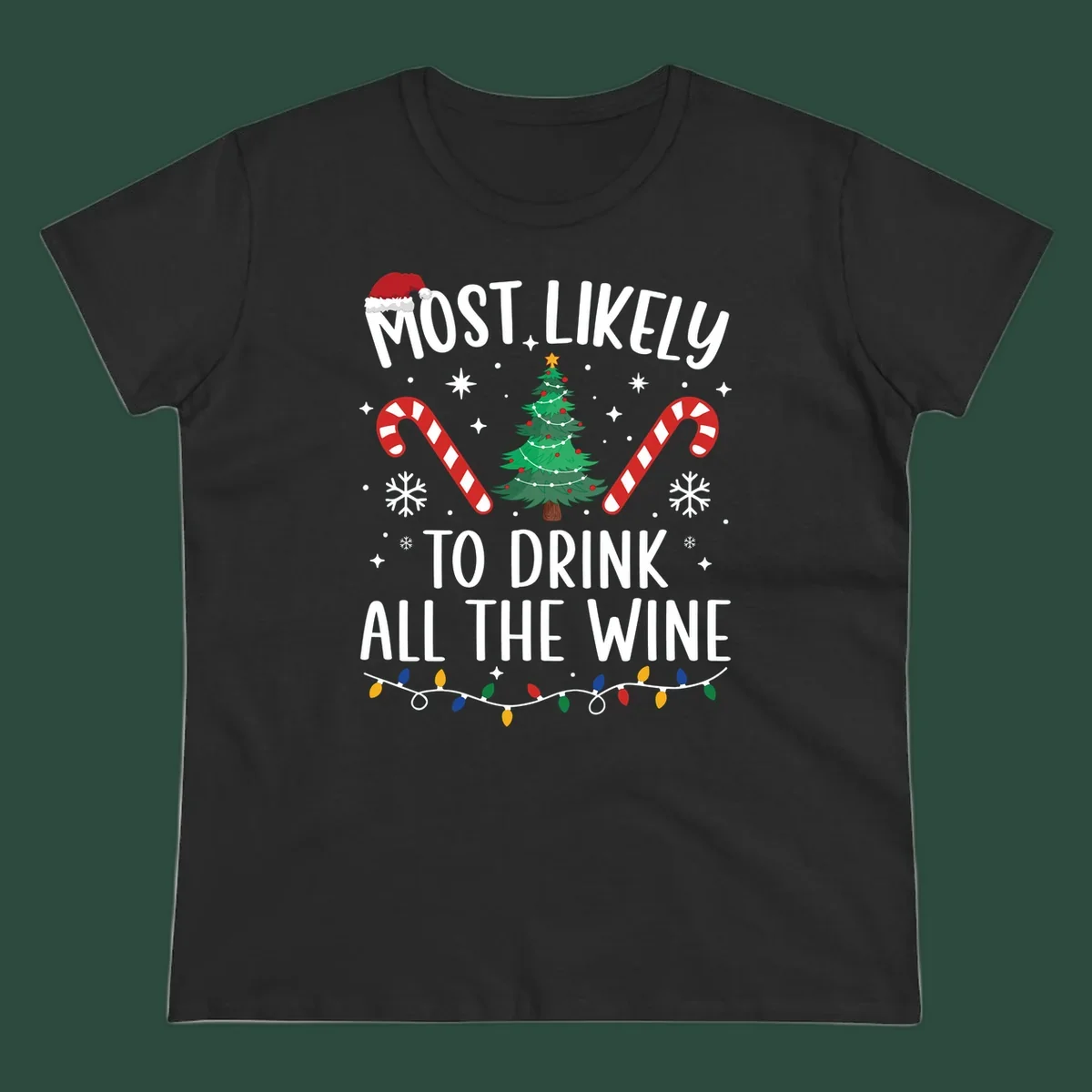 Most likely to drink all the wine Christmas design with text, tree, candy canes, and snowflakes.