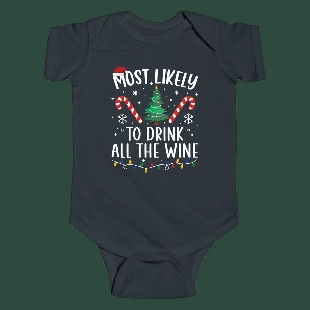 Most likely to drink all the wine Christmas design with text, tree, candy canes, and snowflakes.