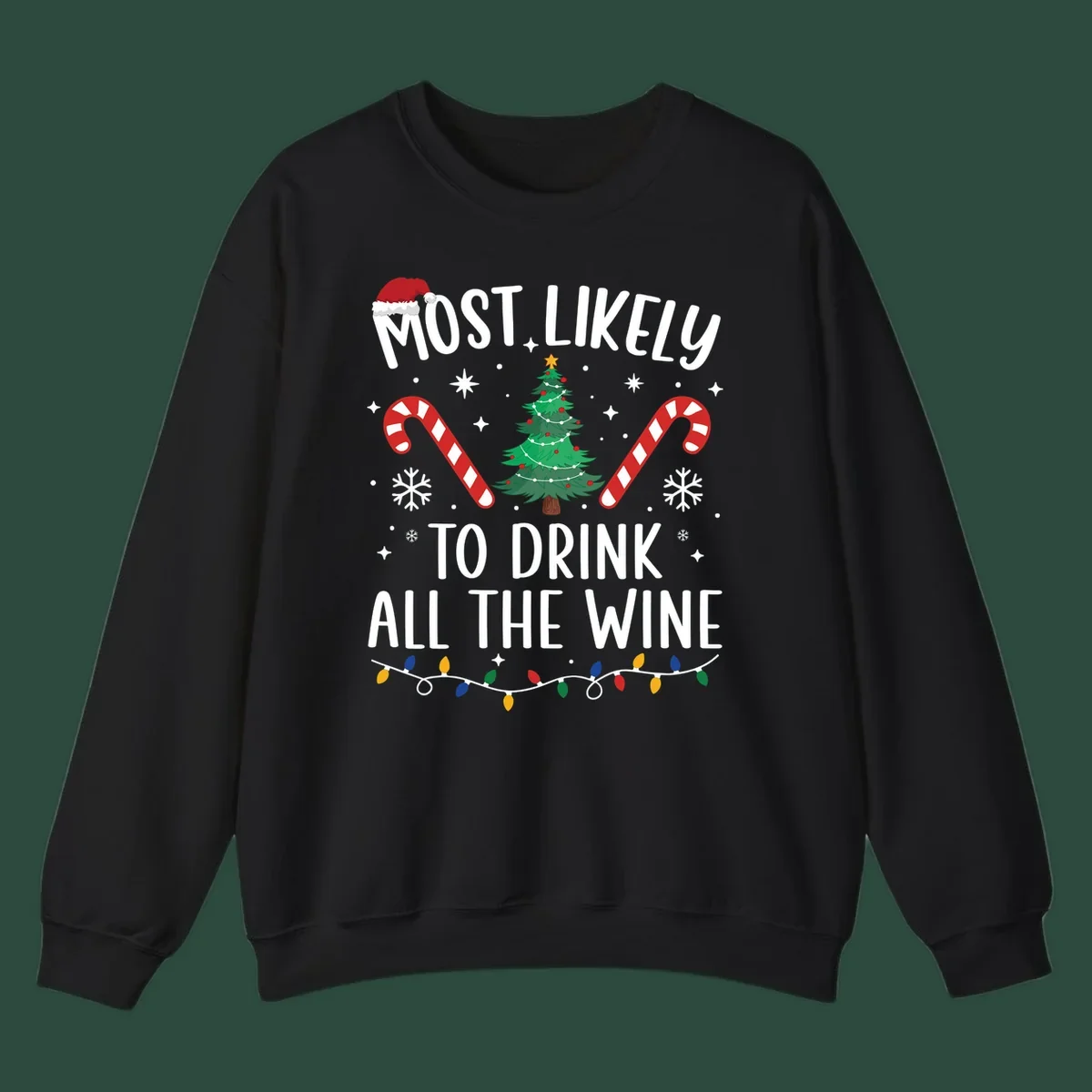 Most likely to drink all the wine Christmas design with text, tree, candy canes, and snowflakes.