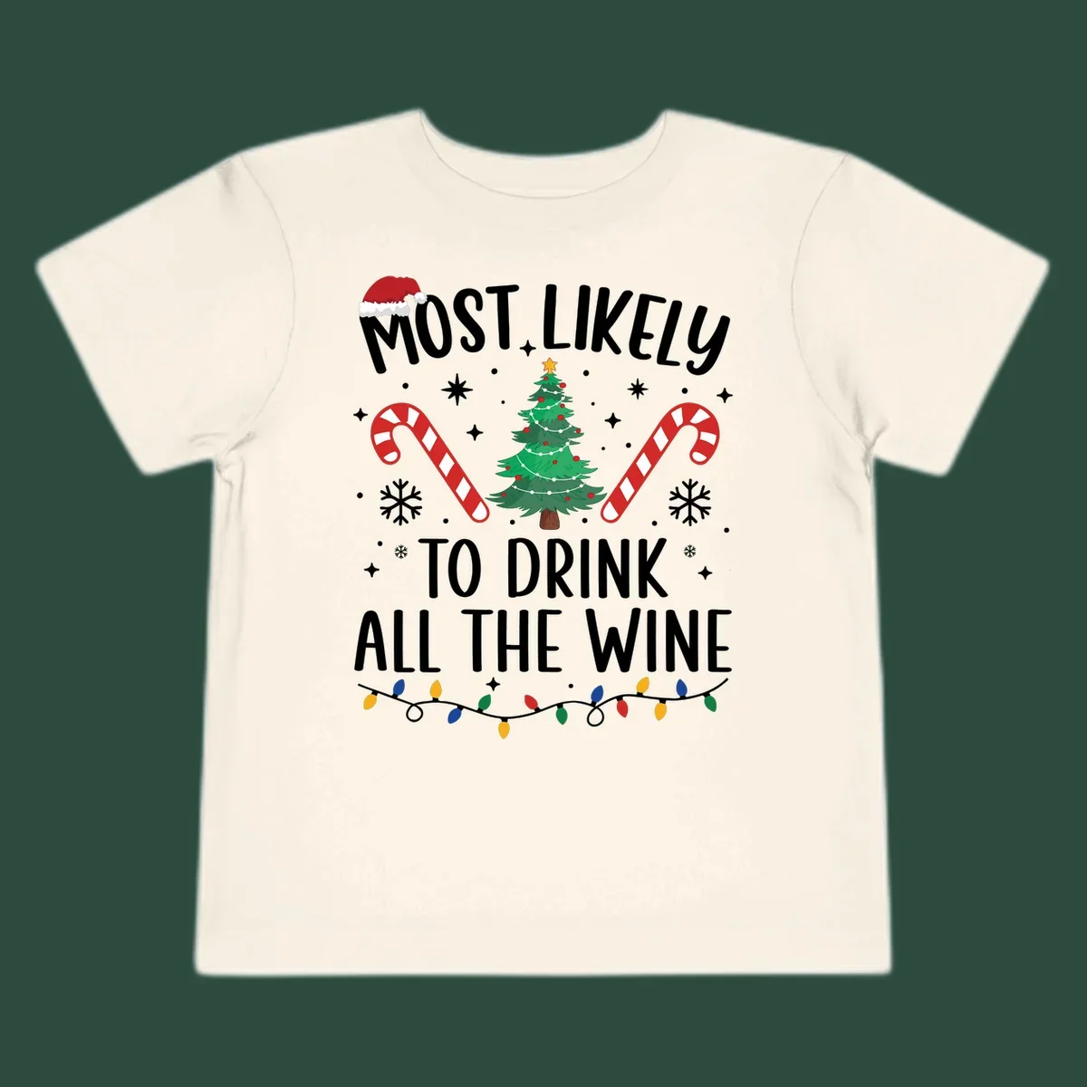 Most likely to drink all the wine Christmas design with text, tree, candy canes, and snowflakes.