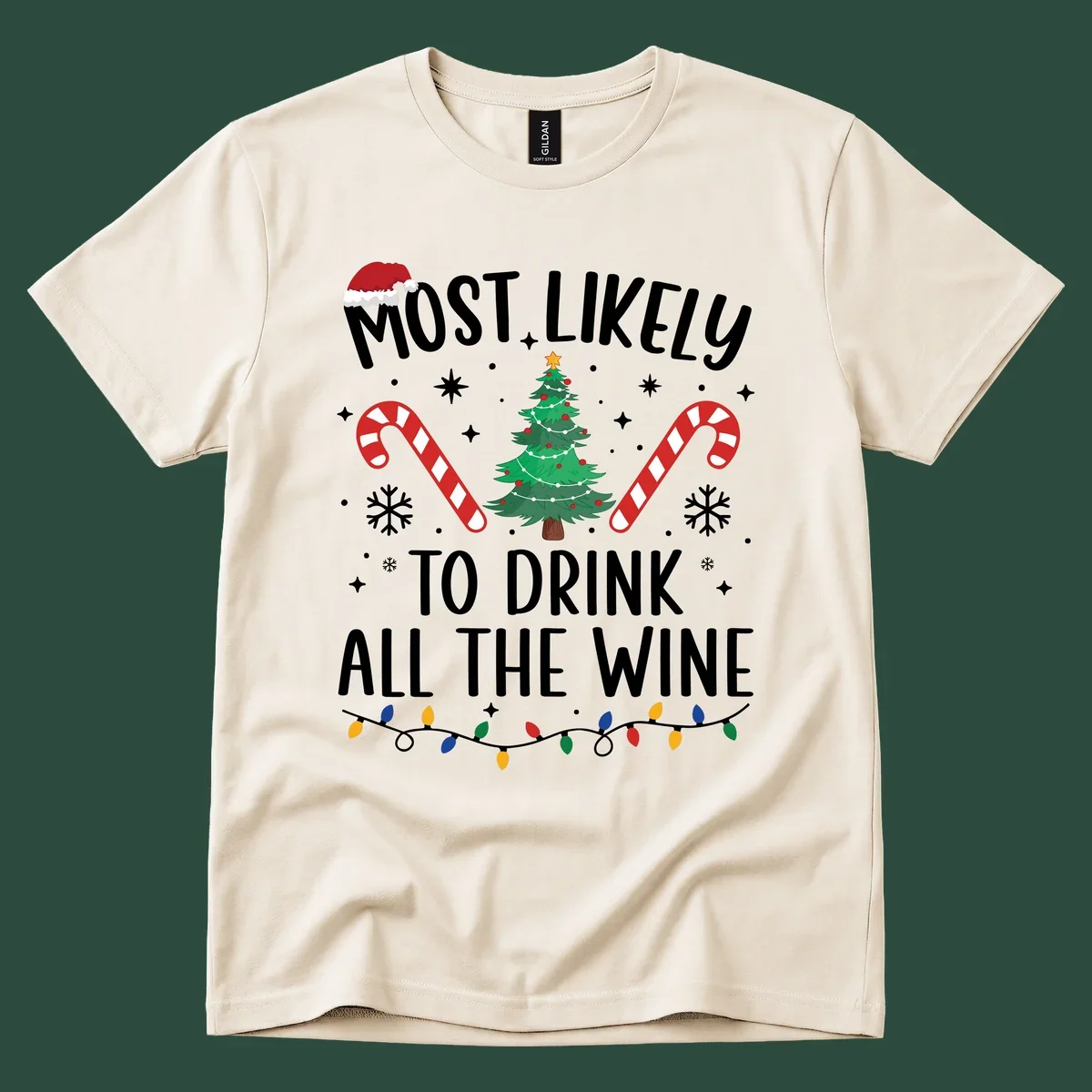 Most likely to drink all the wine Christmas design with text, tree, candy canes, and snowflakes.