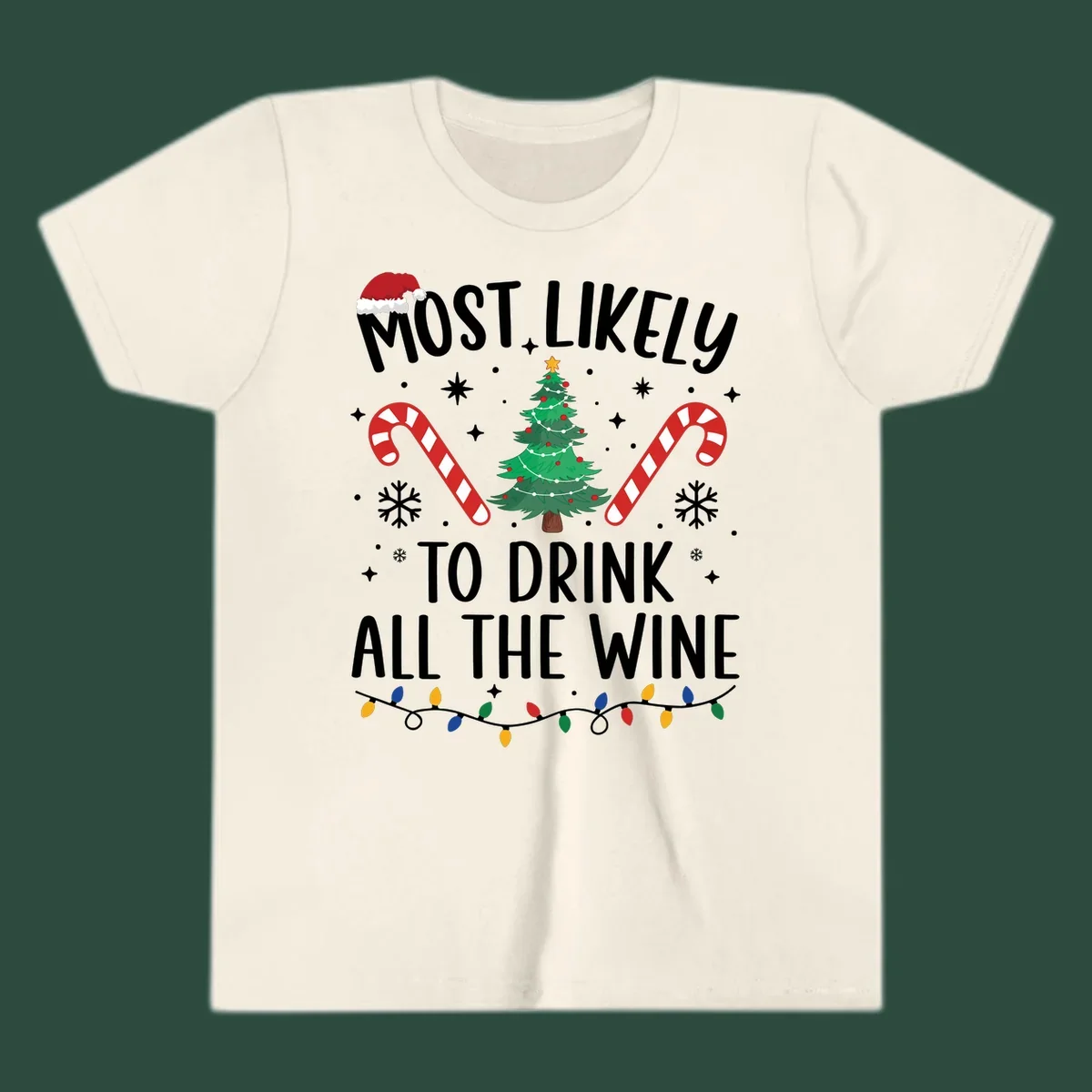 Most likely to drink all the wine Christmas design with text, tree, candy canes, and snowflakes.