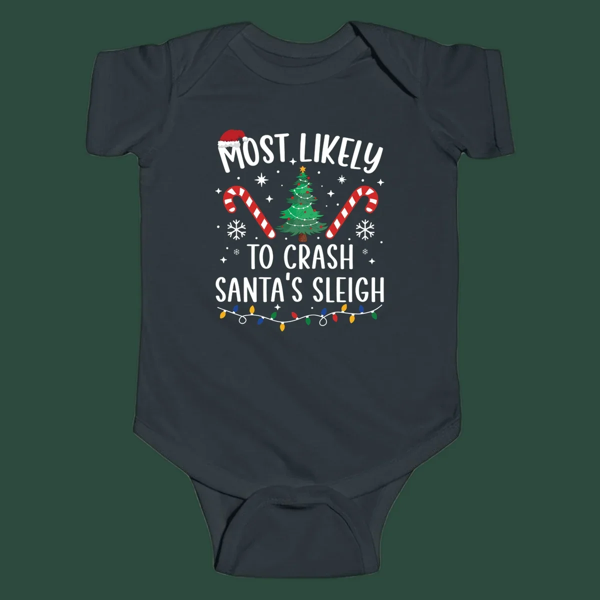 Most Likely To Crash Santa's Sleigh holiday design with Santa hat, Christmas tree, candy canes, and lights.