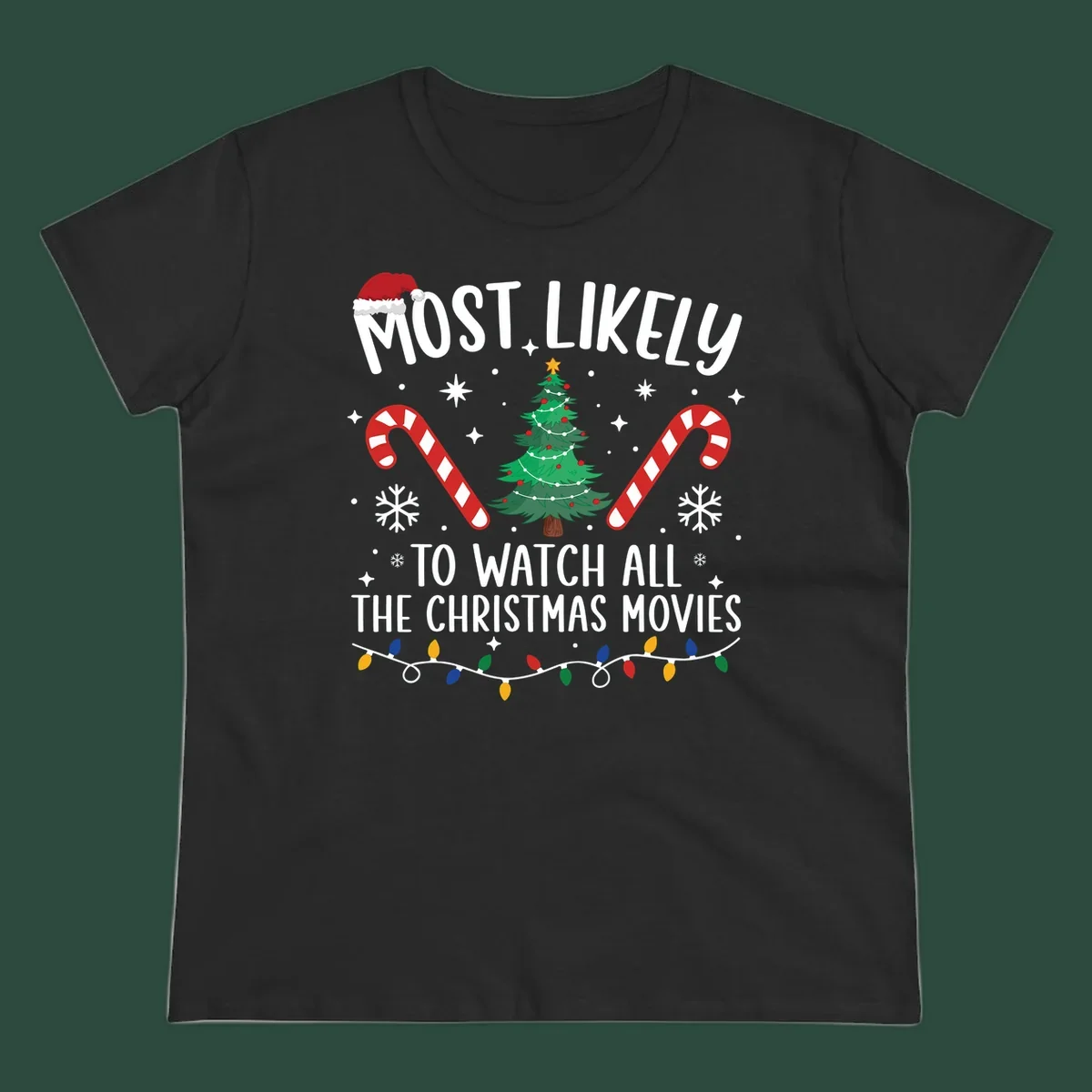 Most Likely To Watch All The Christmas Movies text with christmas tree, candy canes, and lights.