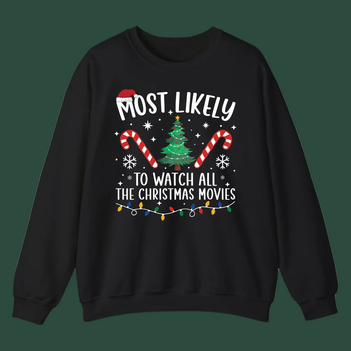 Most Likely To Watch All The Christmas Movies text with christmas tree, candy canes, and lights.