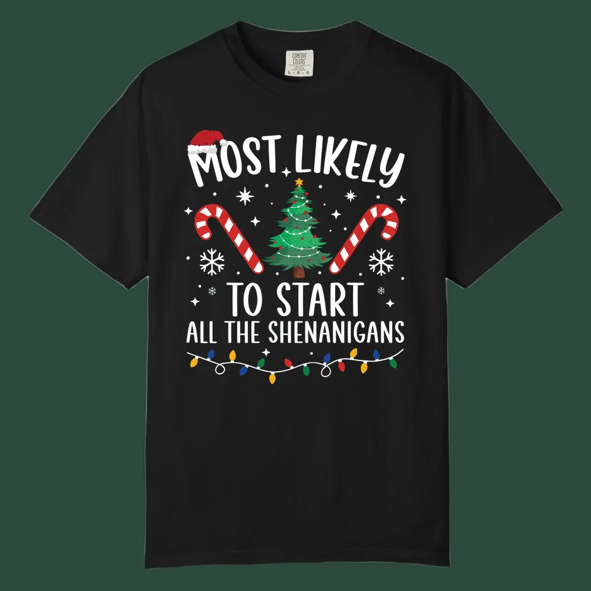 Most Likely To Start Shenanigans Christmas Crew text with tree and candy canes.