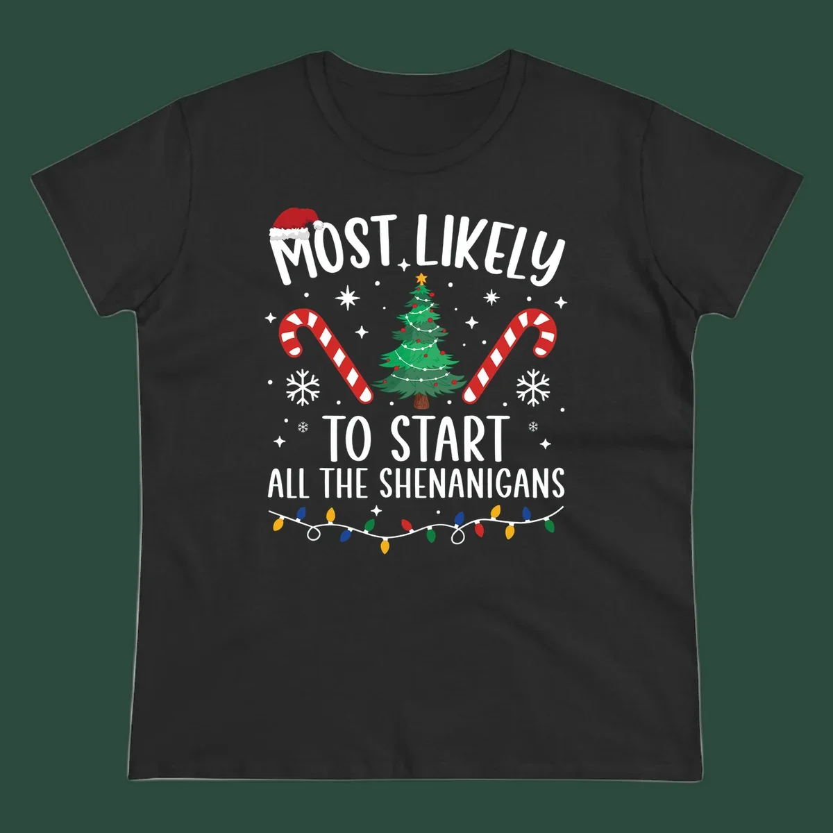 Most Likely To Start Shenanigans Christmas Crew text with tree and candy canes.