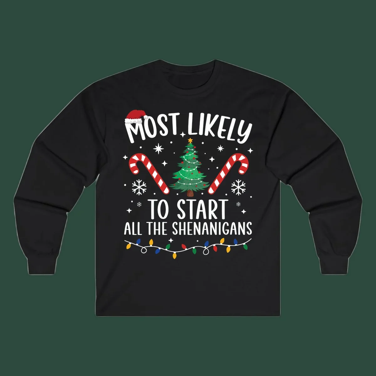 Most Likely To Start Shenanigans Christmas Crew text with tree and candy canes.