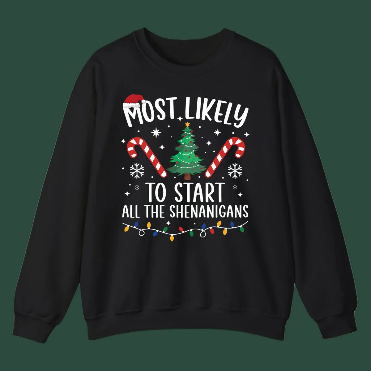 Most Likely To Start Shenanigans Christmas Crew text with tree and candy canes.