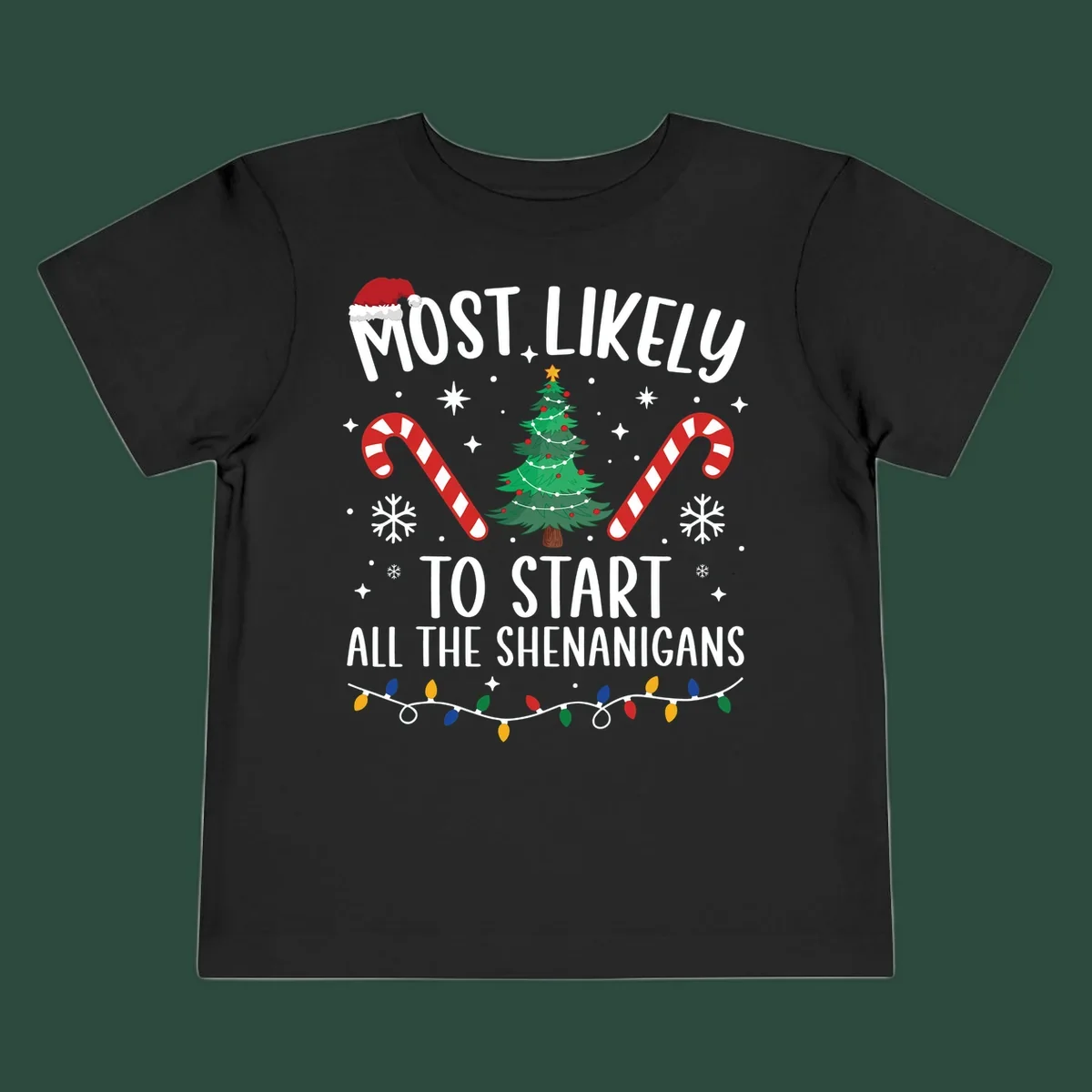 Most Likely To Start Shenanigans Christmas Crew text with tree and candy canes.