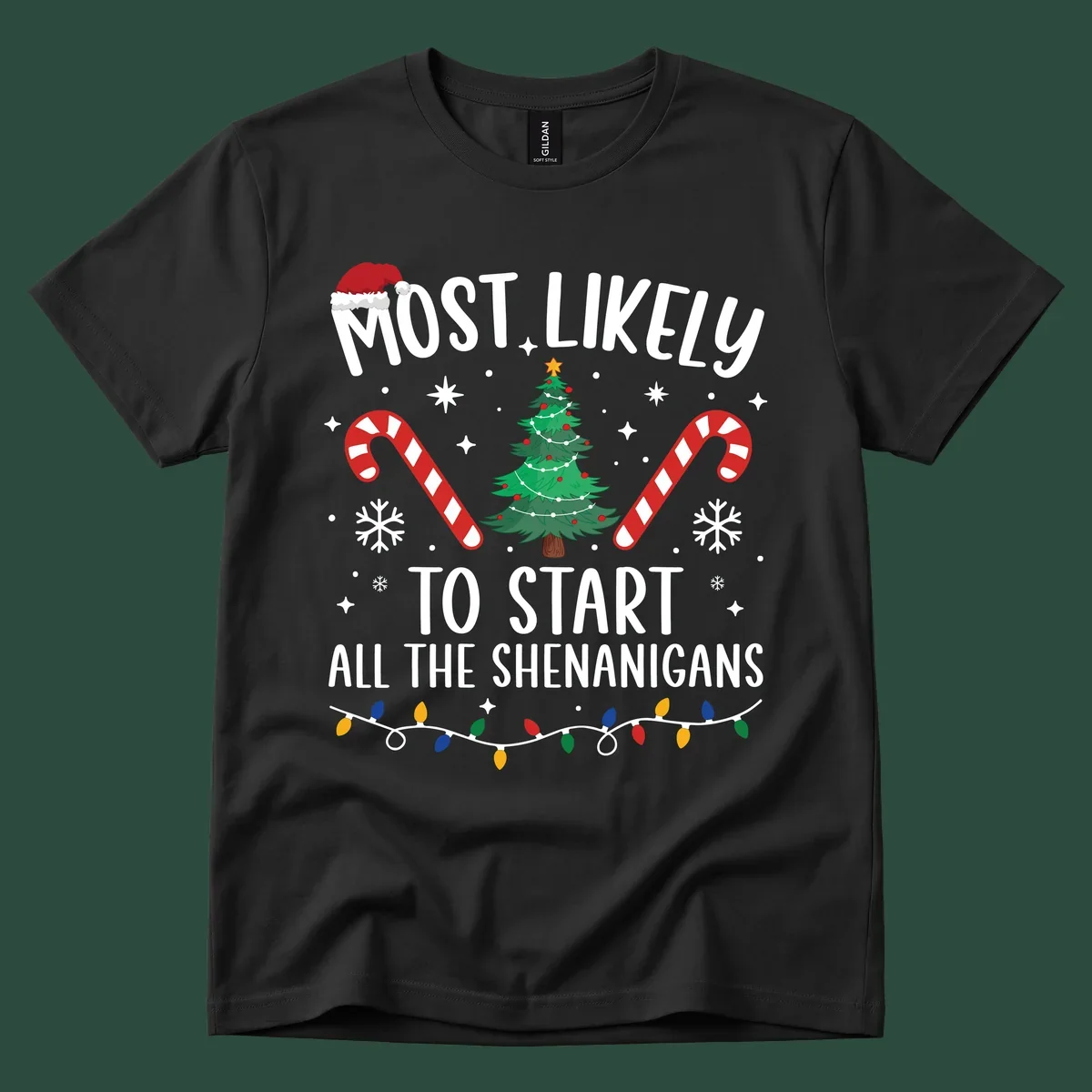 Most Likely To Start Shenanigans Christmas Crew text with tree and candy canes.