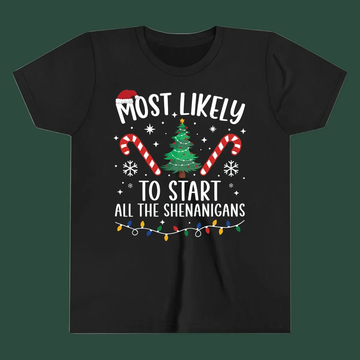 Most Likely To Start Shenanigans Christmas Crew text with tree and candy canes.