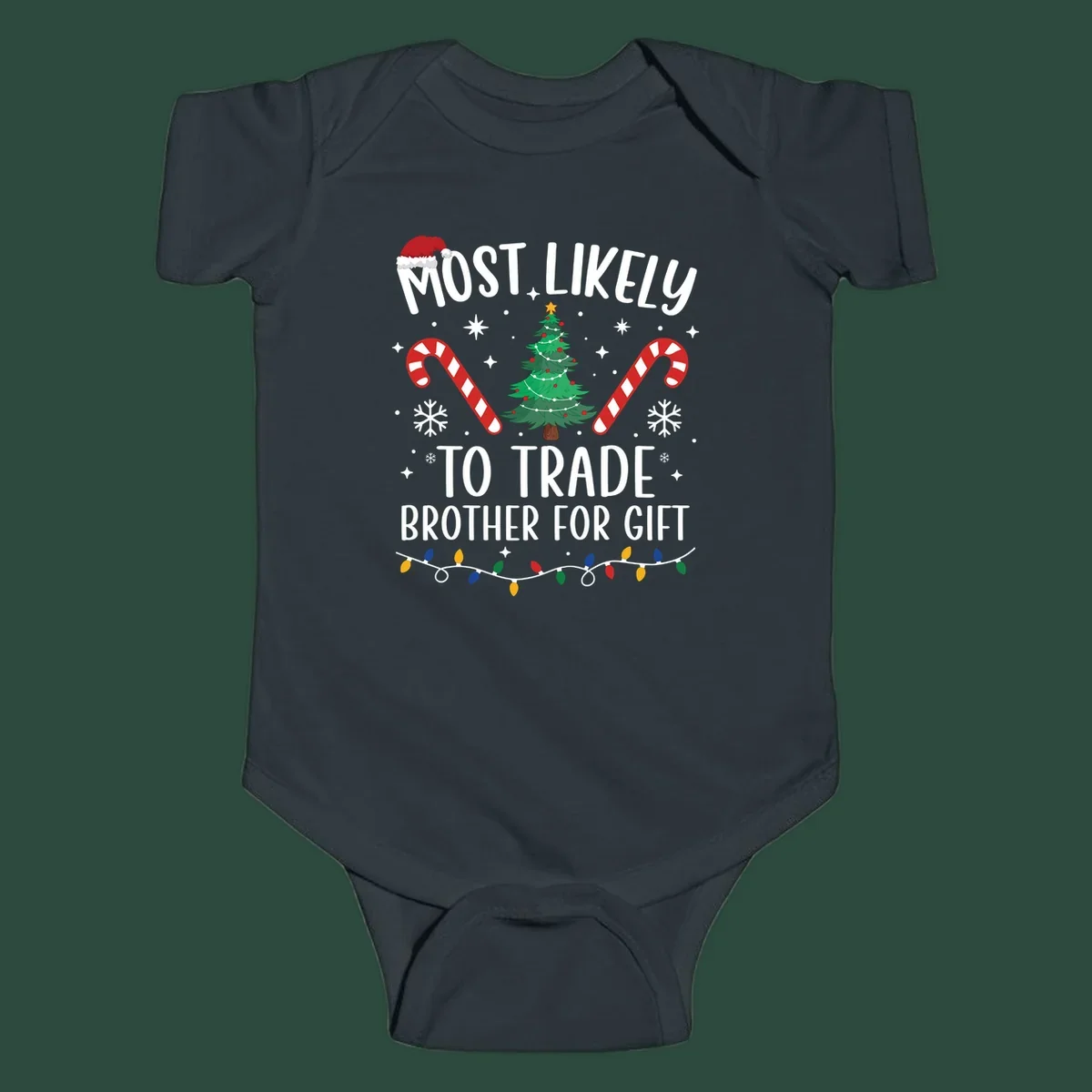Most Likely To Trade Brother For Gift Christmas sibling tee design with text, tree, and candy canes.