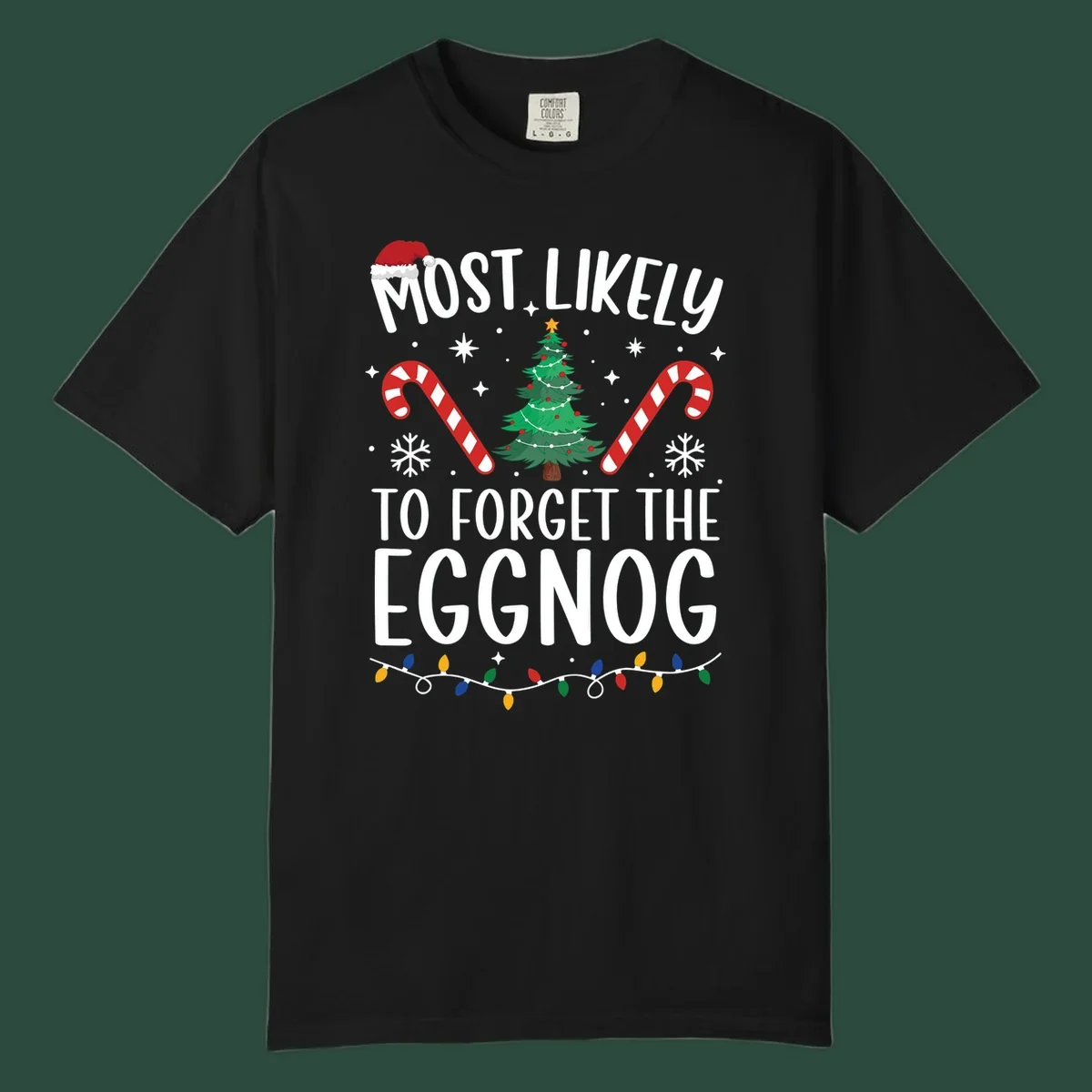 Text 'Most Likely To Forget The Eggnog' with Christmas graphics like a Santa hat, tree, and candy canes.