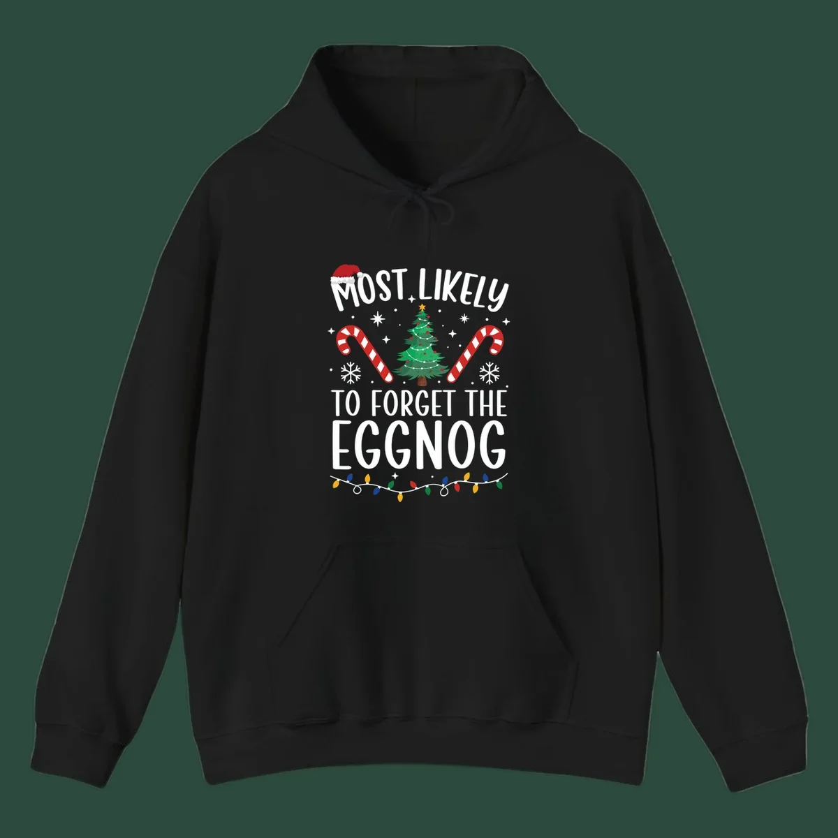 Text 'Most Likely To Forget The Eggnog' with Christmas graphics like a Santa hat, tree, and candy canes.