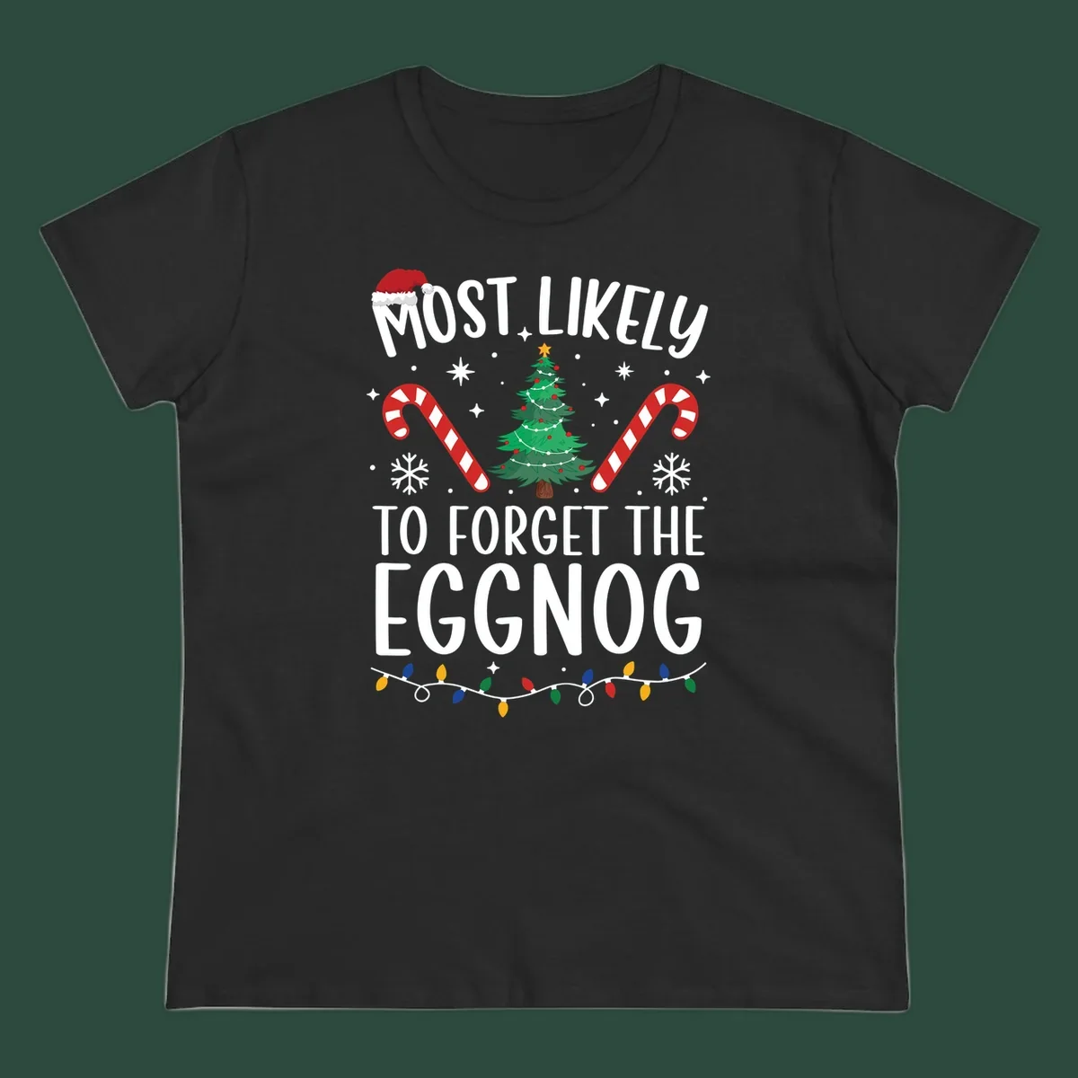Text 'Most Likely To Forget The Eggnog' with Christmas graphics like a Santa hat, tree, and candy canes.