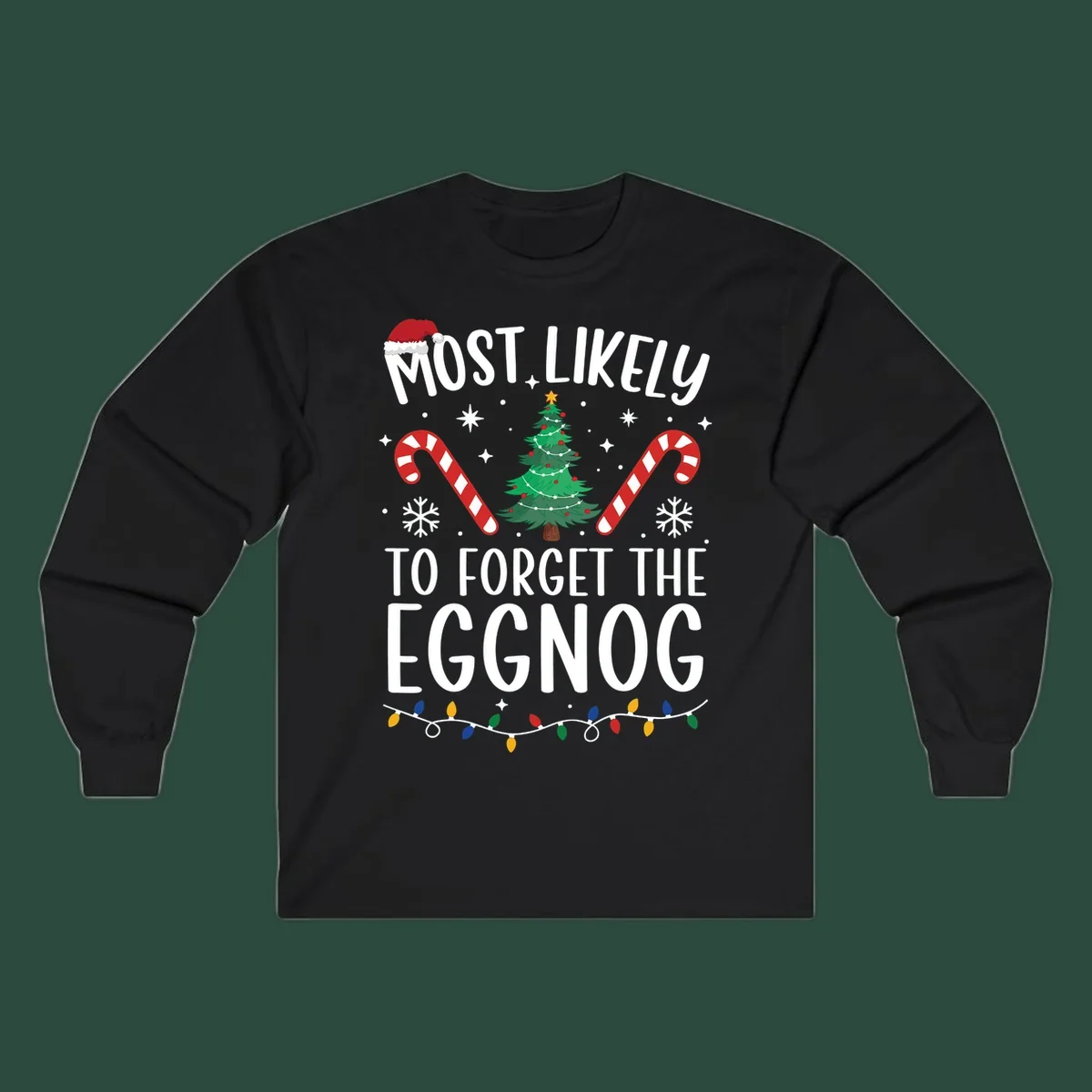 Text 'Most Likely To Forget The Eggnog' with Christmas graphics like a Santa hat, tree, and candy canes.